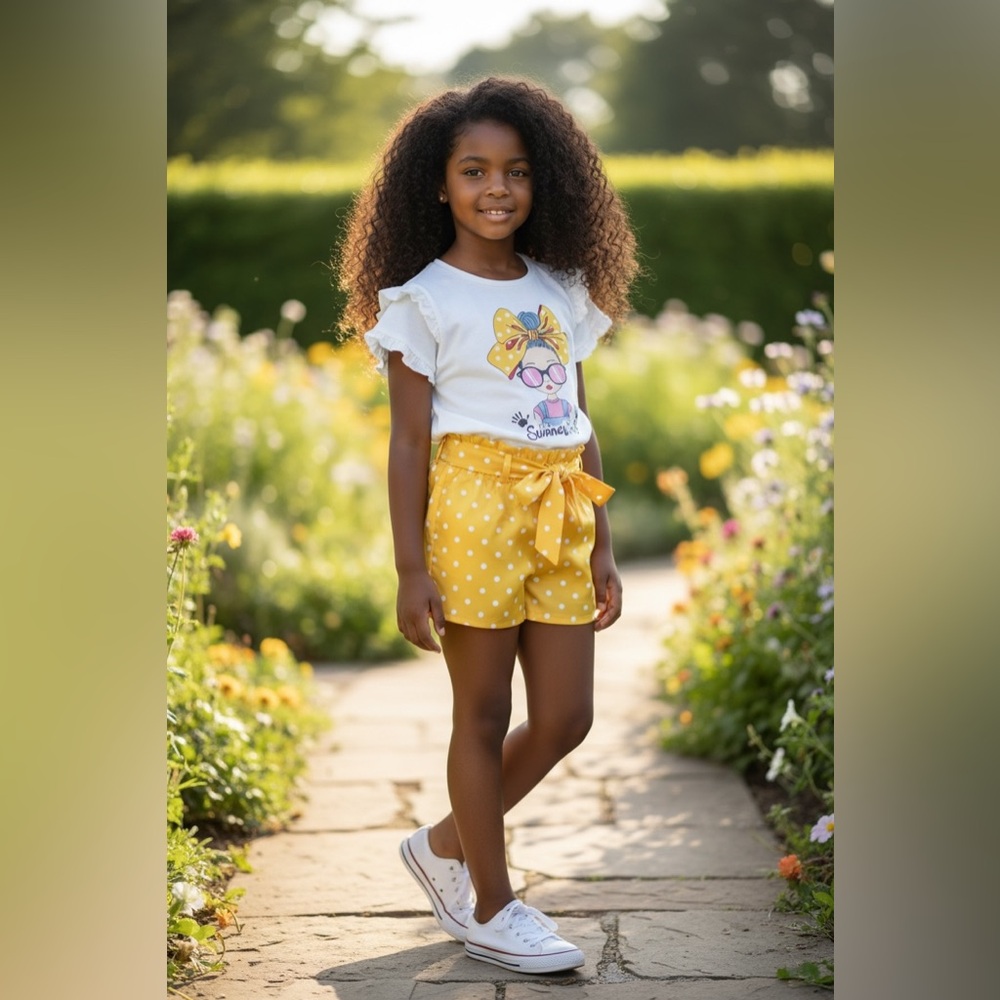 Girls White T-Shirt & Yellow Shorts Outfit Set – Size 5T – Summer Two-Piece